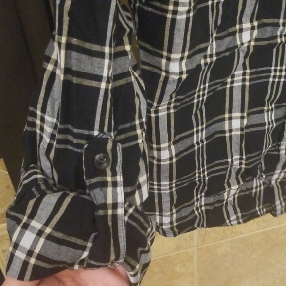 black, white and tan plaid women's button up - Picture 2 of 4
